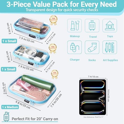 YQBRAO Clear Hard Shell Zipper Cases, 6 Travel Organizers, 2M 4S, Blue