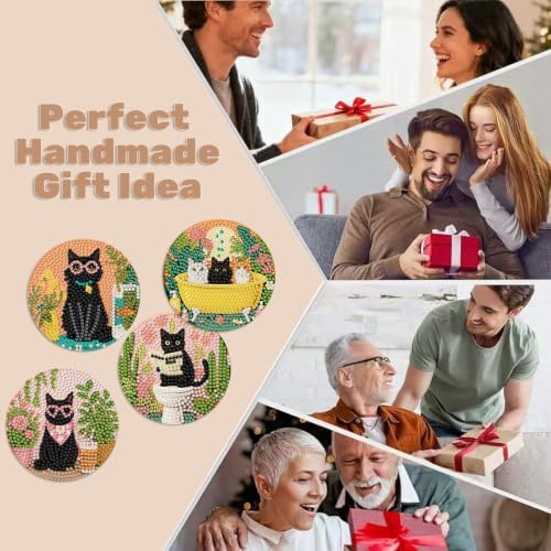 CRZMODE 8 Pcs Black Cat Diamond Art Coasters Kits, Diamond Painting Coasters with Holder Set of 8, DIY Cat Art Crafts Supplies for Adults Cup Mat House Warming Gifts Non-Slip