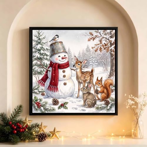 Christmas Diamond Art Kits for Adults,Snowman with animals Diamond Painting