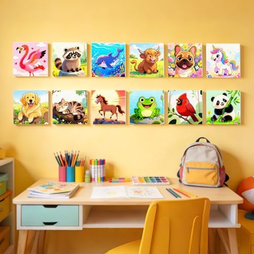 Animal 12 Packs Pre Drawn Canvas to Paint, Pre Printed Canvas for Painting, Pre Stretched Canvas Outline Painting Boards for Beginners, Students, Party Favors