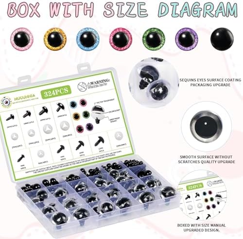 MUCUNNIA 324 Pcs 6-24mm Glitter Safety Eyes Safety Eyes with Washers