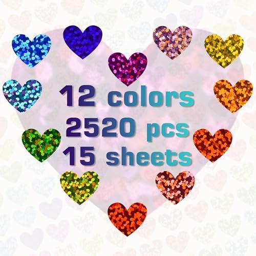 2500 Pcs Heart Stickers 0.6 Inch Holographic Colored Stickers for Kids