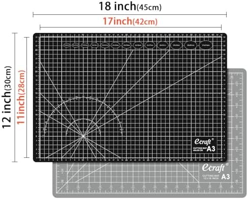 Ecraft Self Healing Cutting Mat 18x12 Inch A3, 5-Ply Double Sided Rotary Cutting Board with Grid, Grey/Black for Sewing, Quilting, Fabric & Craft Projects