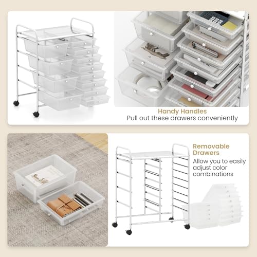 LDAILY 12 Drawer Rolling Storage Cart, Rolling Cart with Drawers for Classroom, Art Supply Craft Organizer on Wheel with Metal Frame & Handles for Home Office School (Clear, 12 Drawer Left-Right)