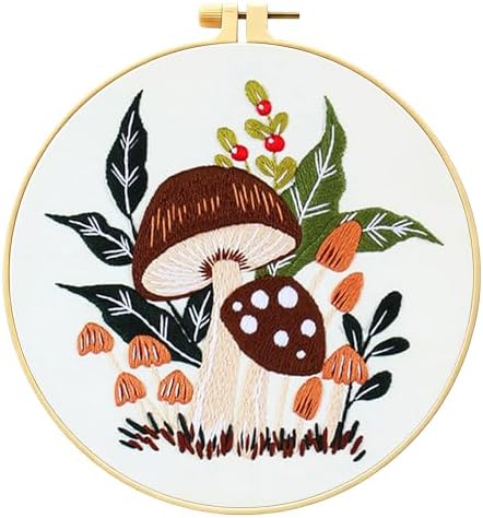 Zhenqing Mushroom Embroidery Kit for Beginners, Woodland Botanical Needlework Kit with Pre-Printed Fabric, Hoop, Threads & Tools, Cottagecore Wall Decor (S-CX0910)