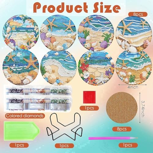 ijbnhd 8 Pack Diamond Art Coasters Kits Ocean (Cork Wooden Pad)