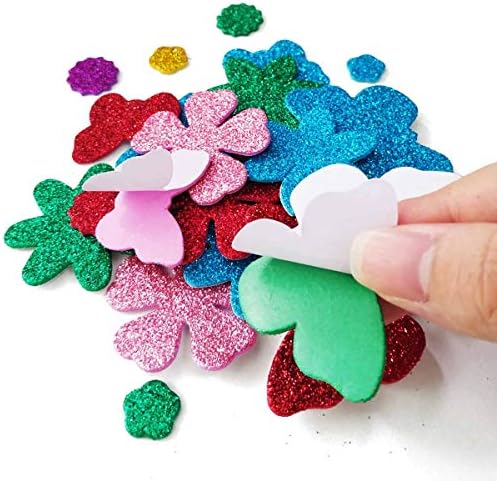 Glitter Foam Flower and Butterfly Shapes Stickers, Self-Adhesive Stickers Kid's Arts Crafts Supplies for Greeting Cards DIY Scrapbooking Cards Creative Toys Home Decoration (Random Colors)