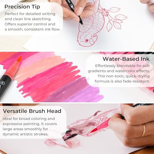 Pink Duo Tip Marker Pens, 12 Fine & Brush Tip Pen For Adult Coloring Books