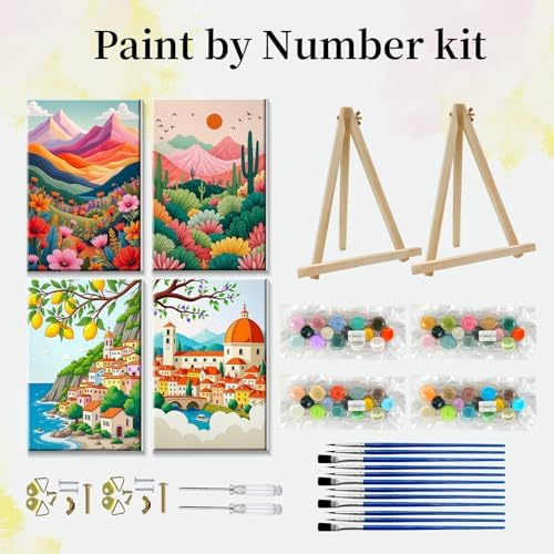 JOOZ 4 Pack Paint by Numbers Kit for Adults with Frame Landscape 8x12 Inch | Paint by Number with Easel, DIY Mountain Adult Paint by Number Kits, Sunset Lake Oil Painting Kits, Home Wall Decor