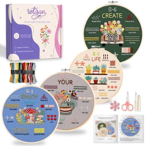 wtisan Embroidery Kit for Beginners, 4 Floral Patterns Cross Stitch Kits