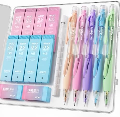 WUO 5PCS 0.5mm Cute Mechanical Pencil Set, 480PCS HB Leads, 4B Erasers