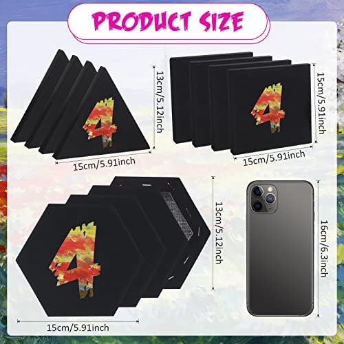 Epakh 12 Pcs Black Canvas for Painting Stretched Canvas Cotton Square Triangle Hexagon Blank Boards Panels Art with Frame Panel Stretched Boards for Oil Acrylic(6 Inch)