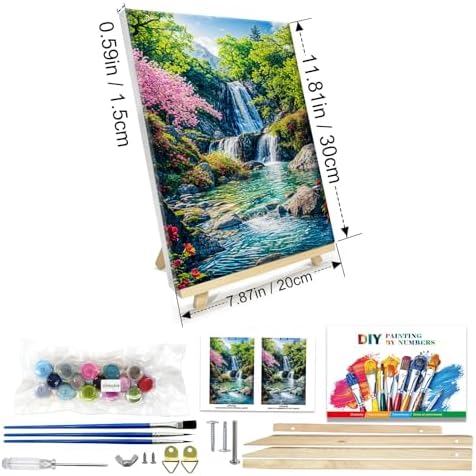 JOOZ Paint by Numbers Kit for Adults with Frame, Landscape Paint by Number with Easel, Mountain Waterfall Paint by Number Canvas, DIY Landscape Oil Painting Kit for Home Wall Decor 8x12 Inch
