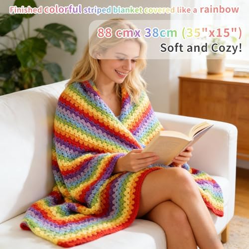 HUYEIOBGD Crochet Blanket Kit for Beginners – Easy Crochet Starter Kit for Adults & Kids, Colorful Rainbow Stripe Yarn, Complete Crochet Supplies with Step-by-Step Video Instructions