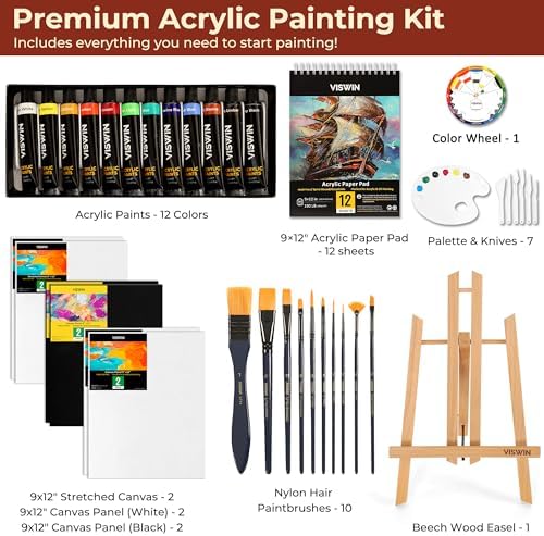 VISWIN 50 Pcs Acrylic Paint Set with Tabletop Easel, Painting Kit with 12 Acrylic Paints, Canvases, Brushes, Palette, Paper Pad, Art Supplies, Ideal Gift for Adults, Kids, Artists, Students