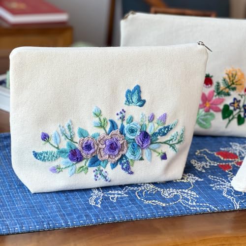 FONNUY Embroidery Kit Makeup Bag for Beginners, Flowers Pre-Stamped Pattern Handbag Coin Purses Making Kits for Adults with Hoop, Easy to Follow Color Thread Needlework (Blue)