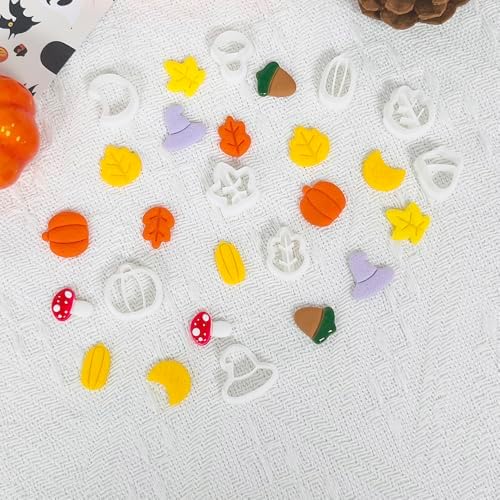 Xaekicr 9PCS Fall Theme Polymer Clay Cutters for Earrings – Autumn Leaves, Pumpkin, Acorn, Witch Hat Clay Cutters – Polymer Clay Molds & Tools for Jewelry Making