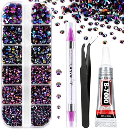 6000PCS Resin Jelly Rhinestones for Crafting, Black-Bottom Purple Red AB Flatback Gems, Bedazzling Crystal with 10ml B7000 Jewelry Glue and Tweezers Dotting Pen for DIY Crafts Clothing Shoes Nail Art