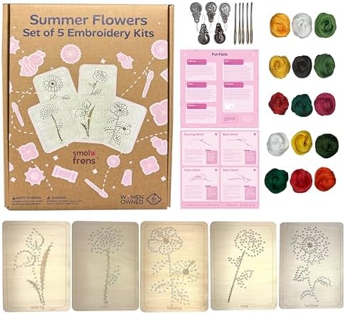Wooden Flower Lacing Embroidery Kits for Beginners, Set of 5 Learn-to-Stitch Craft Boards, Sewing & Embroidery Art Kits for Kids Ages 8+, DIY Craft Projects, Educational Gifts, Party Favors (Summer)