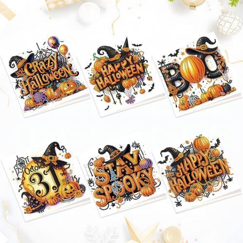 antor 6 Pack Halloween Diamond Art Cards Kits - DIY 5D Diamond Painting Greeting Cards with Envelopes, Handmade Halloween Craft Kits for Adults, Rhinestone Pumpkin Witch Card Set