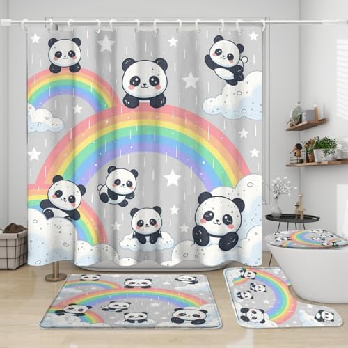 Funny Kawaii Baby Animal Panda Shower Curtain Sets 4 Piece,Watercolor Colorful Rainbow Clouds Bathroom Decor Sets with Rugs,Cartoon Panda Bears Waterproof Toilet Lid Cover Bath Mat