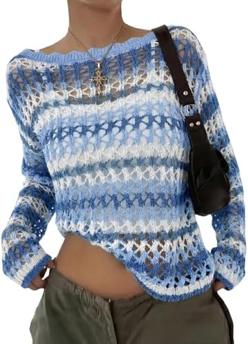 EVALESS Crochet Tops for Women Long Sleeve Hollow Out Knit Sweaters