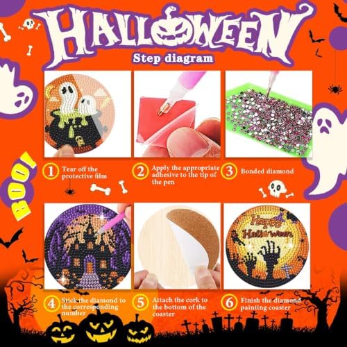 Leatrice 6 PCS Halloween Diamond Art Coasters Kits 4 in Trick or Treat