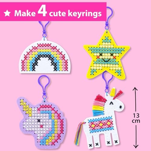 KRAFUN Unicorn Cross Stitch Kit for Kids Age 5+ | 4 Keyrings