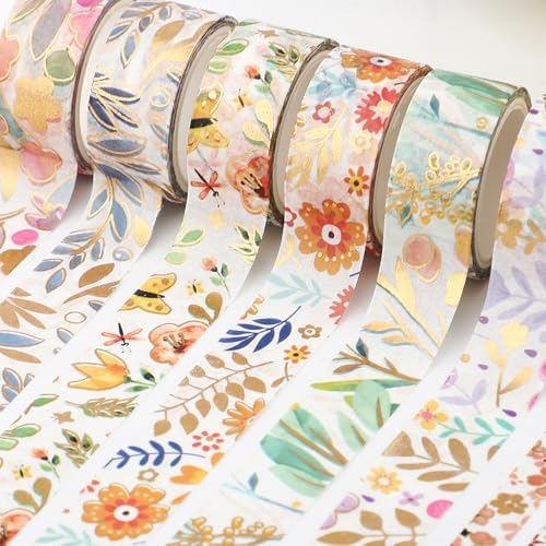 18 Rolls Gold Floral Washi Tape Set,15mm&7.5mmGold Foil Colored Floral Pattern Decorative Tape,Decorative Masking Tapes for DIY Scrapbook Design Journaling Handbook Making Card Wrap Craft Gift