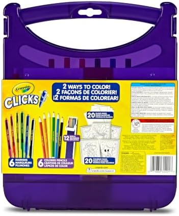 Crayola Clicks Art Set for Kids, Retractable NoDry Tips, Travel Activity Kit with Washable Markers, Pencils, Refills & Paper, Gift for Kids, Ages 4+