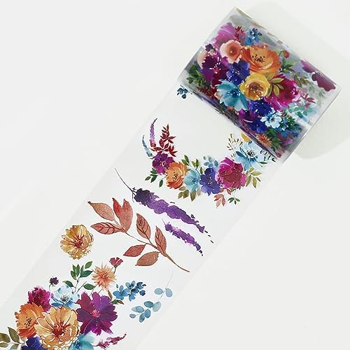 WT Pretty Florals Wide PET Tape, Single Roll, Original Designs, Floral Decorative Tape, Transparent Craft Tape for Bujo Planner & DIY Supplies, Watercolor Flowers
