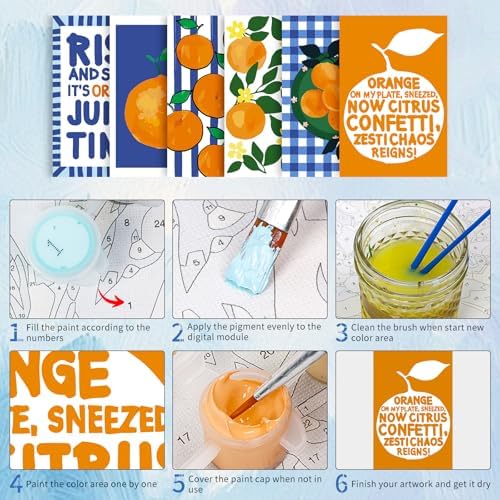 6 Pack Paint by Numbers Kit for Adults, Orange Number Painting, 8x12 Inch | DIY Adult Paint by Number Kits on Canvas for Beginners, without Frame, Kitchen Wall Decor, Stress Relief Craft Gift