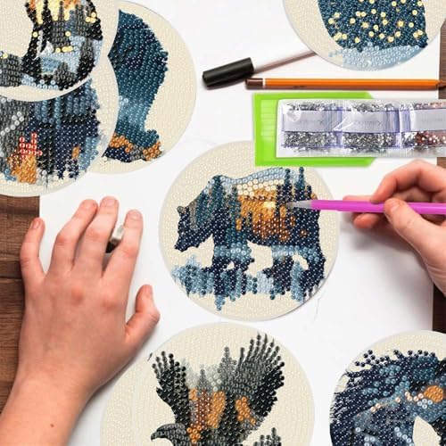 NEGEKFKX 8 Pcs Diamond Art Painting Coasters Kits,Animal Landscape Coaster with Holder for Adults, Non-Slip DIY Dot Paint Craft Kits,5D Full Drill DIY Diamond Dot Gem Art Kit Home Decor Arts Craft