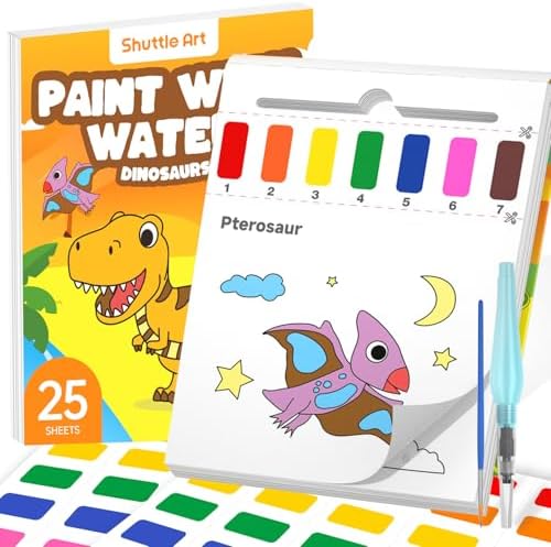 Shuttle Art Paint with Water Coloring Book for Kids, 25 Dinosaur Themed Pages with 2 Brushes, Mess-Free Watercolor Paint Set, Travel-Friendly Art Craft Gift for Toddlers, Birthday Christmas Gift