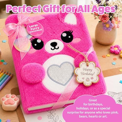 VOTUM Fuzzy Sketch Book: Personalized Artist Sketchbook: Sketching, Drawing and Creative Doodling. Notebook and Sketchbook to Draw and Journal (Bright Pink Bear)
