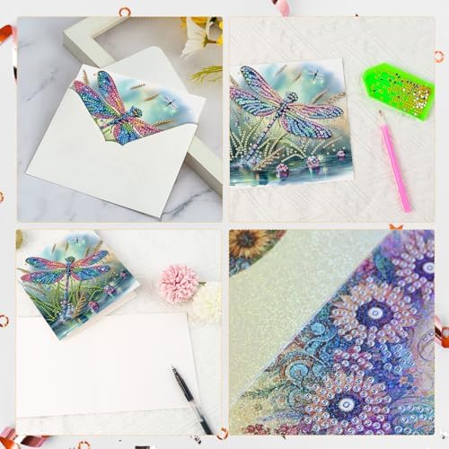 6 Pcs 5D Diamond Painting Greeting Cards Kits Dragonfly, Handmade Festival Greeting Cards with Envelopes DIY Diamond Art Crafts Birthday Cards Shimmer Design for Birthdays Holidays (30x15cm)