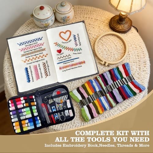JINSILU Beginner Embroidery Stitch Book Kit, 86-Piece Sewing Tool Set with 24 Colors Floss