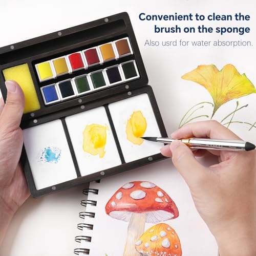 Fuumuui Watercolor Paint Set, 12 Watercolor Paints with Dual Tip Travel Watercolor Brushes Wooden Palette, Art Supplies for Painting, Travel Watercolor Set, Amateur Hobbyists