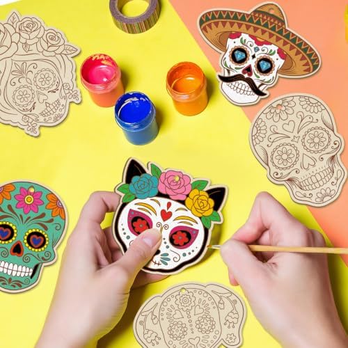 80PCS Wooden Day of The Dead Skull Ornaments to Paint Dia De Los Muertos Decorations Crafts for Kids, Halloween Decorations DIY Blank Sugar Skull Unfinished Mexican Fiesta Cutouts for Party Hanging