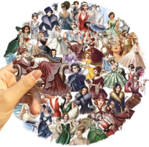 50pcs Retro Girl Stickers for Laptop Water Bottles, Transparent PET Waterproof Adhesive Faddish Decals Modern Woman Sticker for Teens Adult Birthday Party Scrapbook Phone (Retro-1)