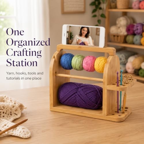 Crochet Yarn Holder with Phone Stand, Dual Rods & 14 Crochet Hooks