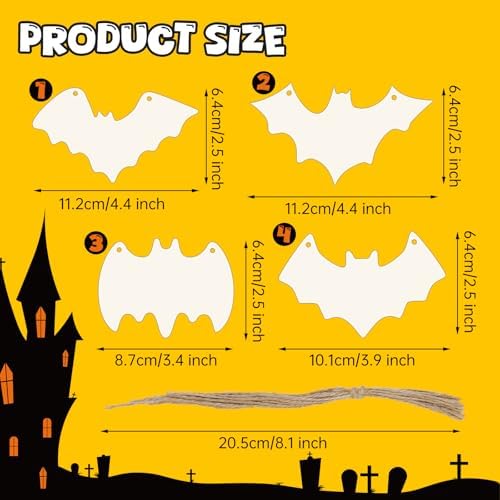 40Pcs Bats Halloween Wooden Slices Ornaments Paintable Blank Natural Bat Cutouts Fall Activity Hanging Decorations Bulk Halloween Crafts for Kids Classroom DIY Party Supplies
