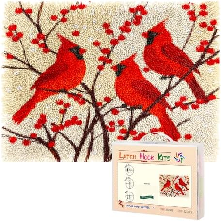 Latch Hook Rug Kit for Adults Red Cardinal on Red Berry Tree Pre-Printed Handmade Carpet Crochet Yarn Craft DIY Hook and Latch Door Mat Tapestry Home Floor Decoration 52x38cm(6)