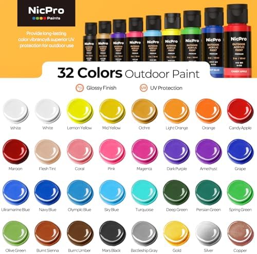 Nicpro 32 Colors Outdoor Acrylic Paint Set, 2oz Waterproof Acrylic Paints | Rich Pigmented Outdoor Paint for Beginners Artists on Rocks, Wood, Garden Statues, Crafts, Pumpkin, with 3 Brushes & Sponge