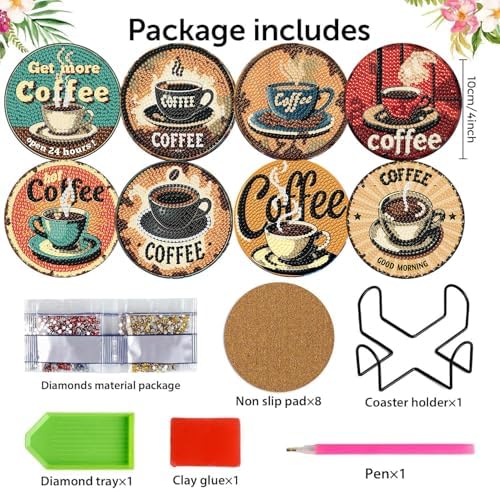 8 Pack Diamond Art Coasters,Coffee Retro Diamond Painting Coasters Kits