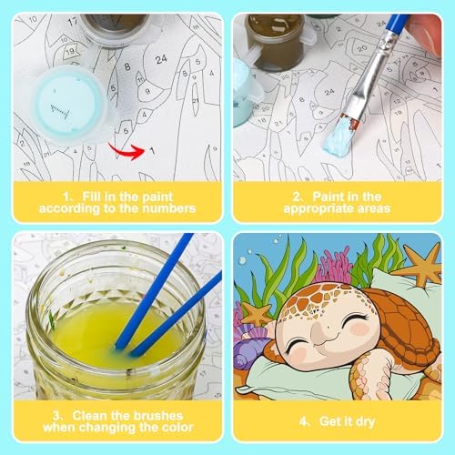 GEEHEIY Paint by Numbers Kit for Kids with Frame, Sea Turtle, No Easel