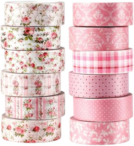 12 Rolls Floral Washi Tape Set, Pink Watercolor Flowers Design for for Journaling, Scrapbooking, DIY Craft, Planners, Gift Wrapping, Back to School Art Supplies