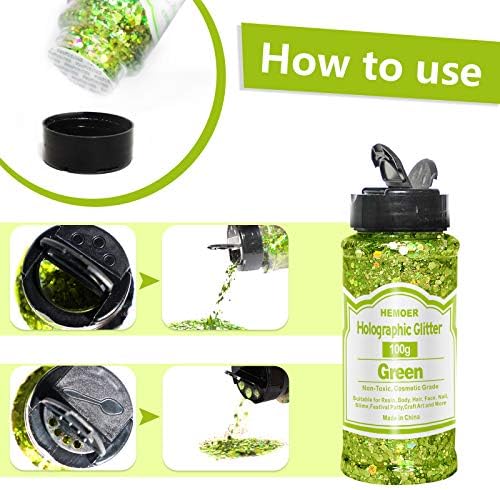 HEMOER Green Glitter, 100g/3.5oz Holographic Chunky Glitter Mixed Hexagon Chunky & Fine Flakes Iridescent Sequins for Epoxy Crafts, Resin, Nail Body, Tumblers, Party Decoration