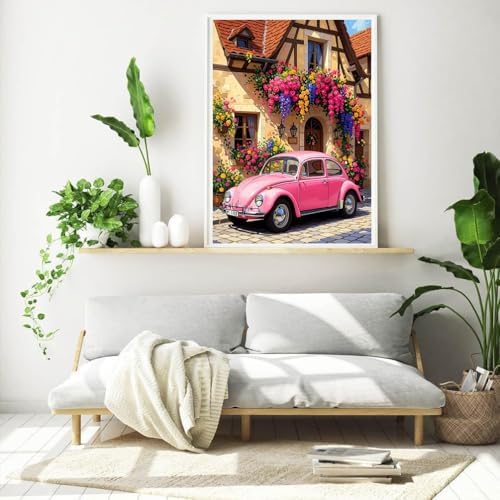 EIBEILI Diamond Painting Kits for Adults DIY 5D Diamond Art Paint with Round Diamonds Full Drill Gem Pink Car Art Painting Kit for Home Wall Decor Gifts 12x16inch