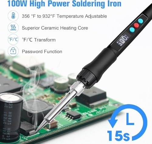 Soldering Iron Kit, 100W LED Digital Solder Gun kits with Ceramic Heater, Adjustable Temperature Welding Tools with Tips, Wick Braid, Stand, Solders Wire, Sponge, Flux Paste, Black